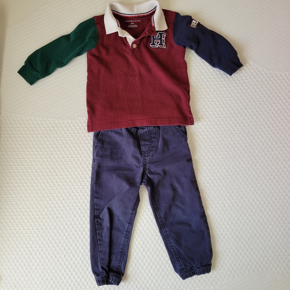 Tommy Hilfiger Red MultiColor Polo Shirt with Matching Navy Pants Size 24months
